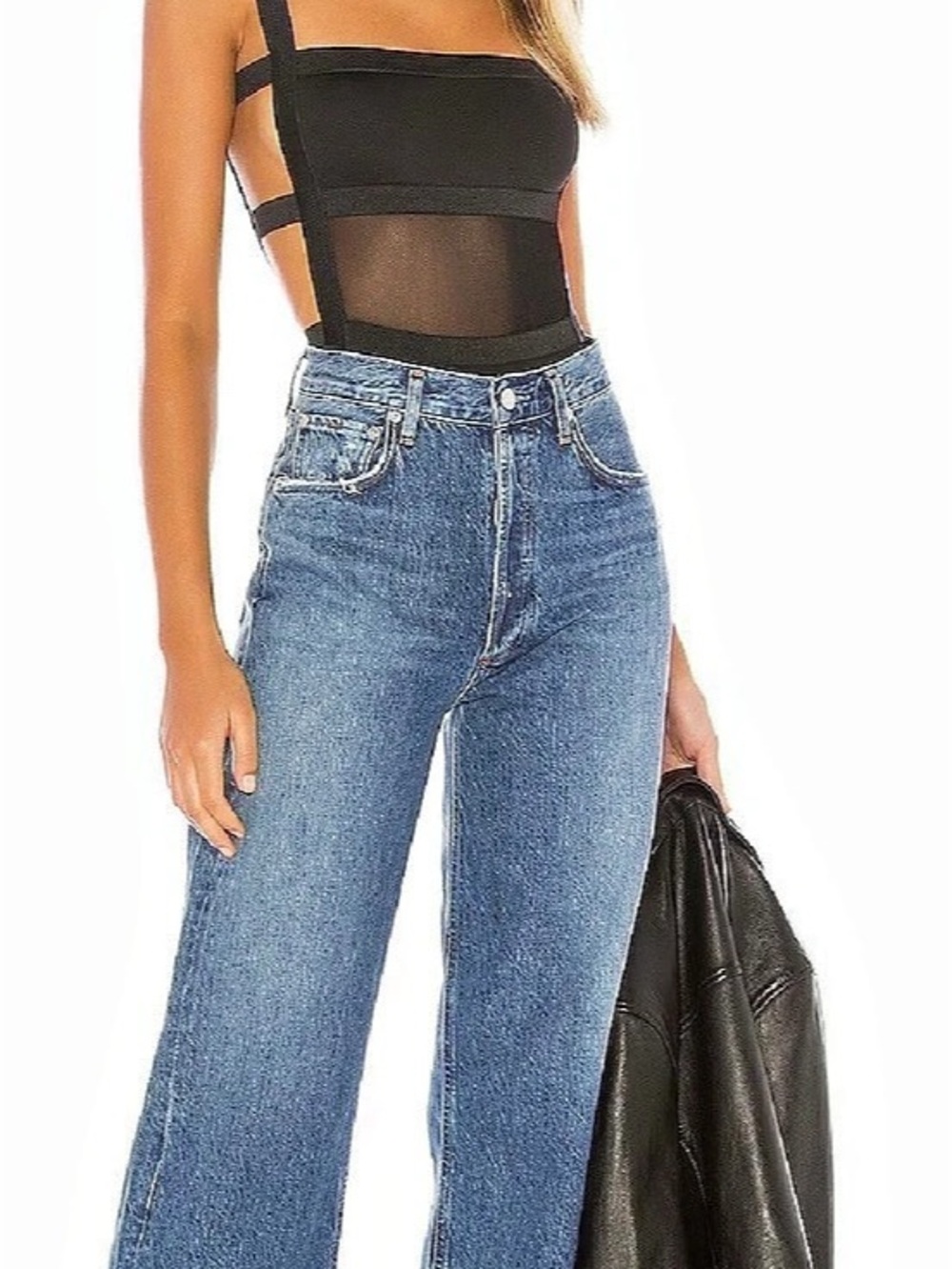 superdown Camille strappy back bodysuit Black Mesh Panel One-Piece Size Large
